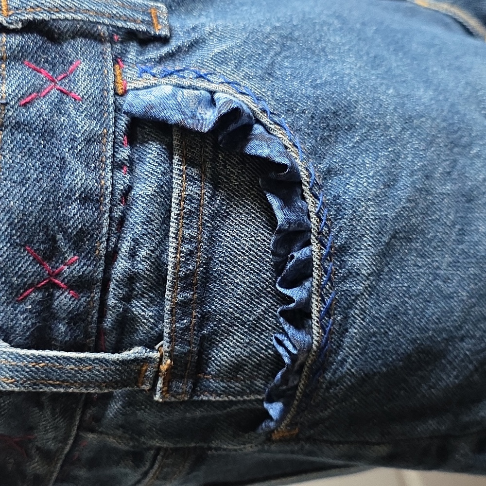 Upcycled Red and Blue Tiered Distressed Midi Blue Jean Skirt - Picture 4 of 12